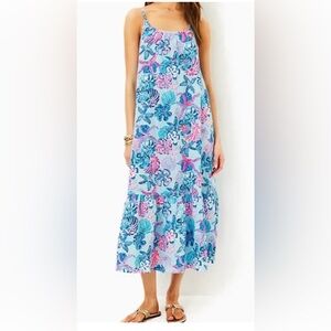 Lilly Pulitzer Amerie Linen Midi Dress Multi Bahamas Beachcomber Dress NWT Sz L